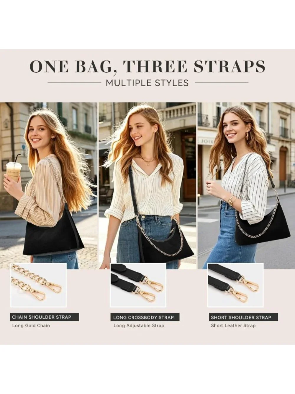 Chic Suede Small Hobo Bag for Women, Versatile with 3 Detachable Straps